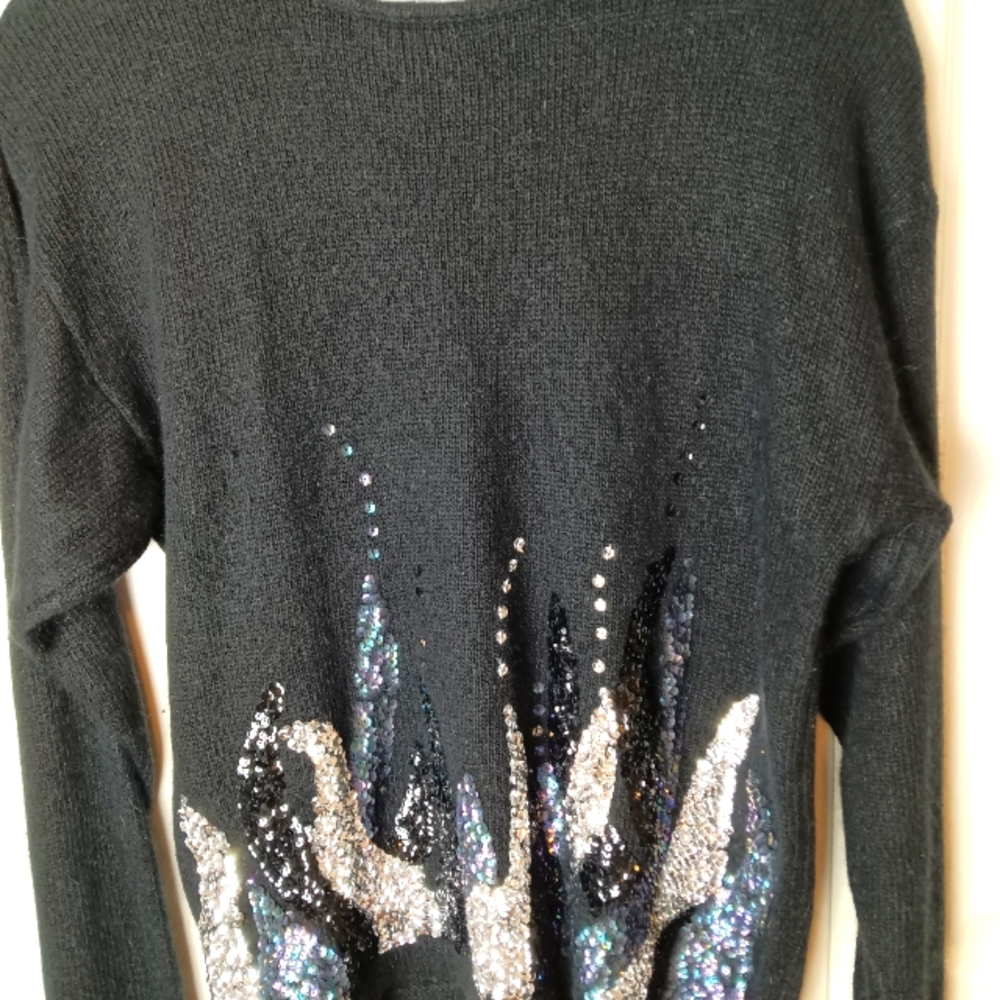 Vintage Sequined Sweater L Silk Angora Lambs Wool Blend Black  Silver Purple
